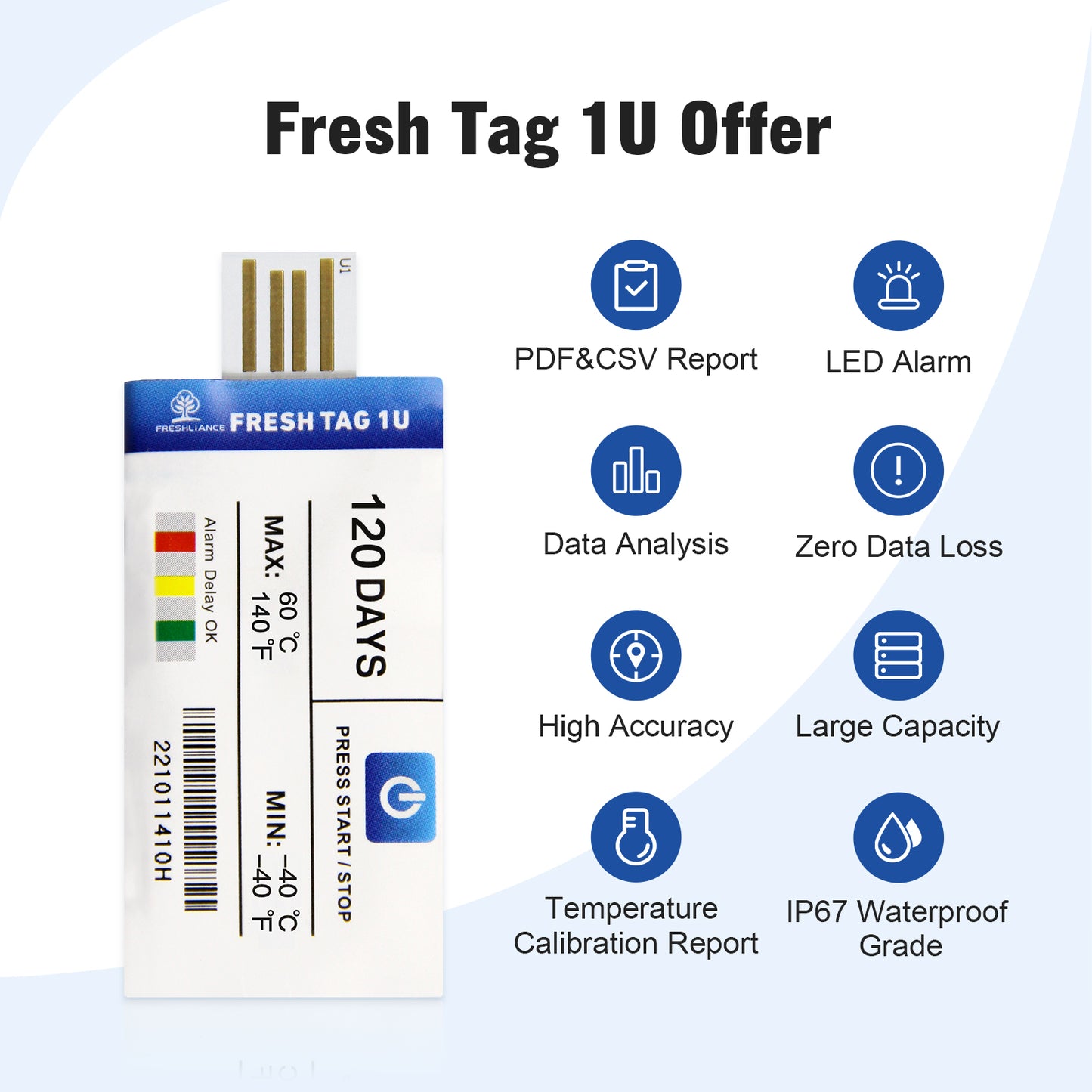 Fresh Tag 1U Temperature Data Logger with PDF Reports